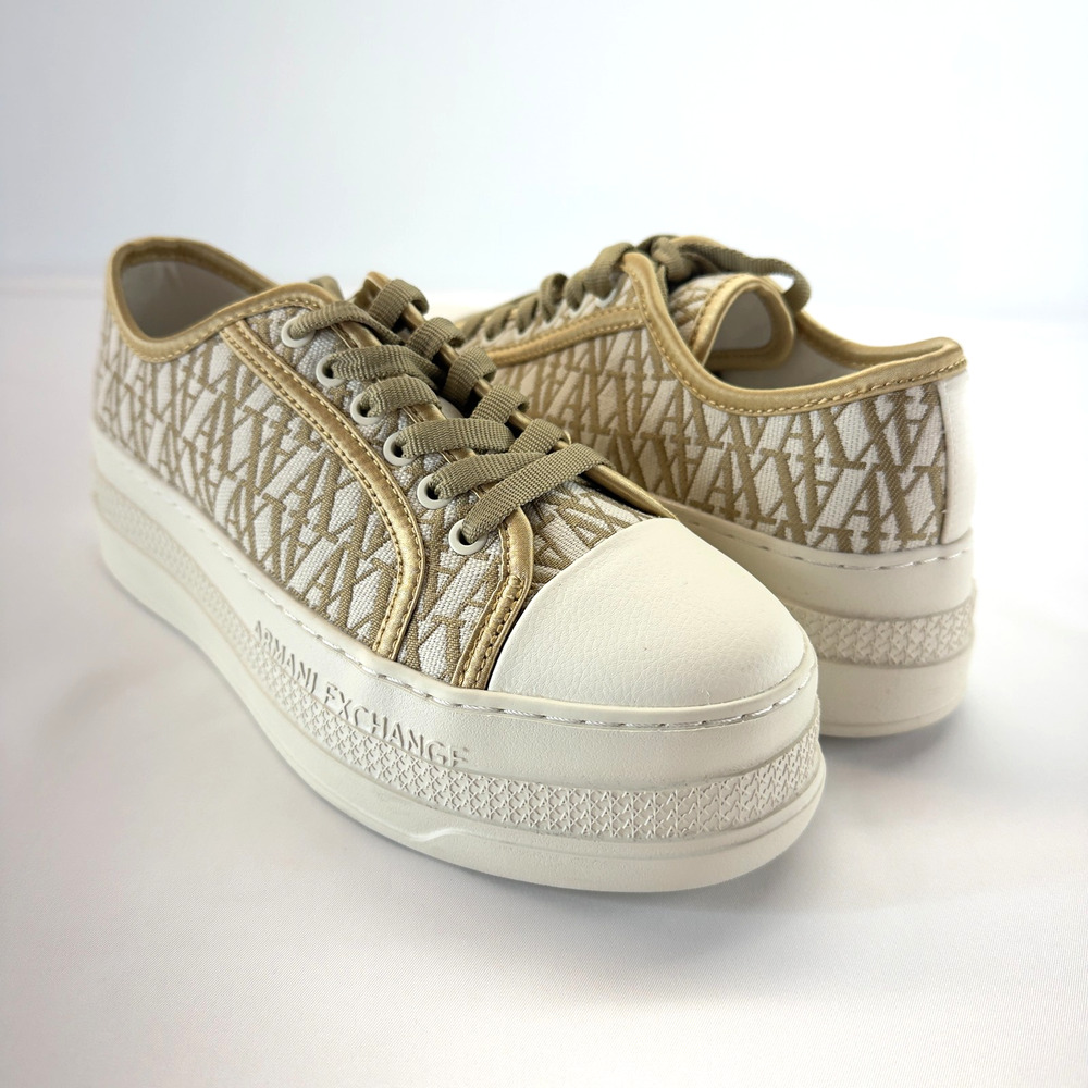 Armani Exchange A|X Women Sze 6 Platform Sneakers Beige Monogram Lace Up Low Top